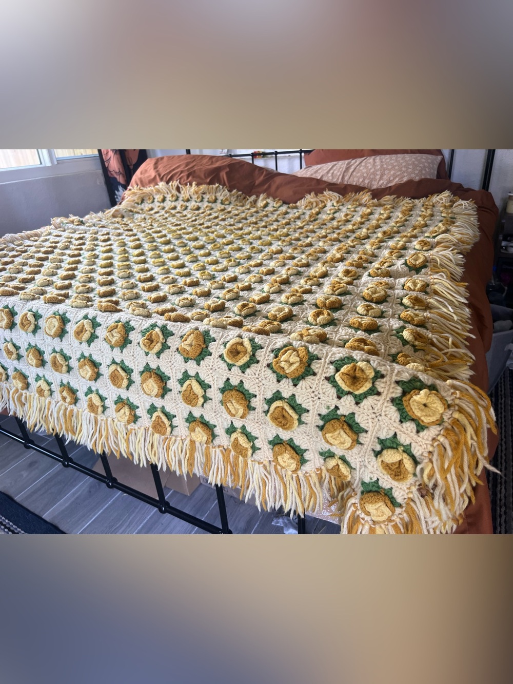 Vintage Crochet Granny Square Blanket Roses Fringe